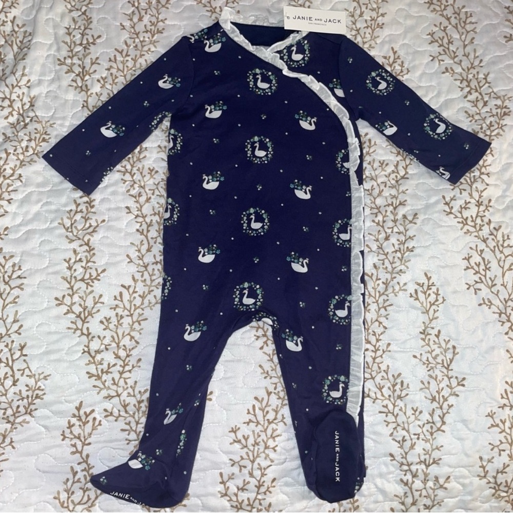 NWT Janie and Jack ruffle navy swan kimono onesie BABY size 0-3 6-9 months - Picture 2 of 6